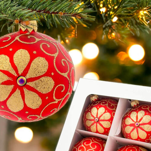 Bombki złoty kwiatek na czerwonym -  80 mm  bombki choinkowe szklane 6 szt