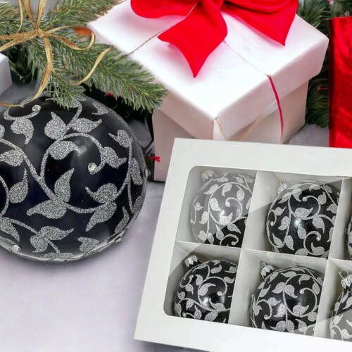 Bombki srebrne listki na czarnej porcelanie -  100 mm bombki choinkowe szklane 6 szt