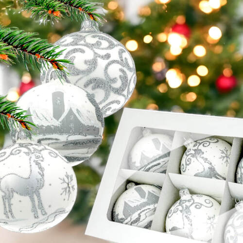 Bombki esy renifer kościółek  na białej porcelanie -  100 mm bombki choinkowe szklane 6 szt