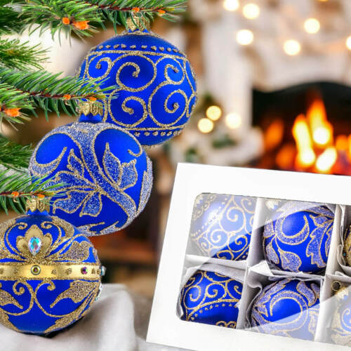 Bombki złoty mix Królewski szafirowy -  80 mm  bombki choinkowe szklane 6 szt