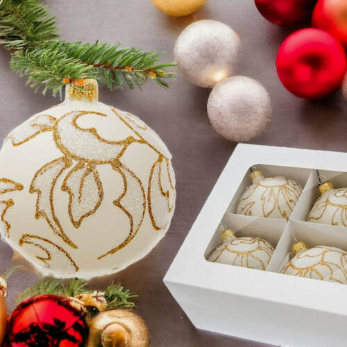 Bombki złote listki ecru -  80 mm  bombki choinkowe szklane 6 szt