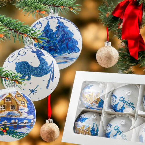 Bombki Merry Christmas na kredzie -  100 mm bombka choinkowa szklana 6 szt