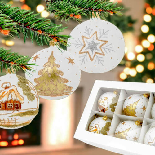 Bombki biały mix kreda  - chatka choinka gwiazdka -  100 mm bombki choinkowe szklane 6 szt