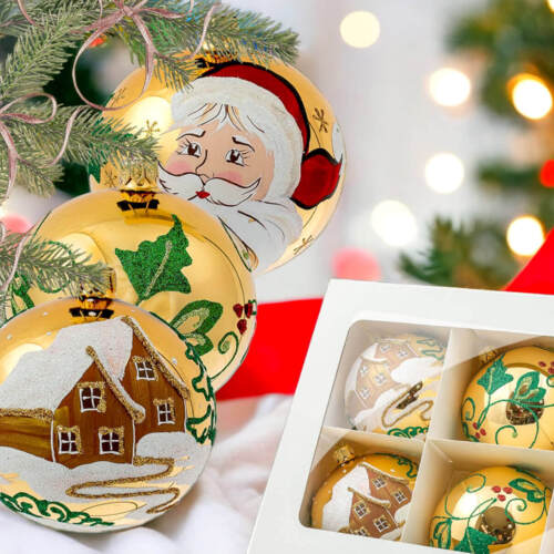 Chatki Mikołaj i ostrokrzew na złotym błysku -  100 mm bombki choinkowe szklane 6 szt