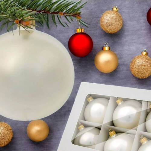 Bombki biała perła złota -  80 mm  bombki choinkowe szklane 6 szt