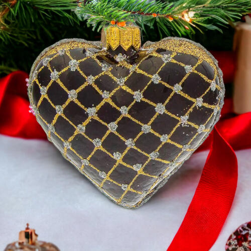 Bombka serce czarno złote -  8 x 7 cm ozdoba szklana 1 szt