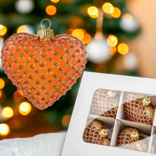 Bombki serca pomarańczowo złote -  8 x 7 cm bombki choinkowe szklane 6 szt