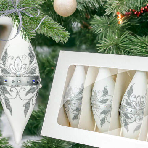 Sople Królewskie srebrne na białej kredzie -  180 mm bombki choinkowe szklane 4 szt