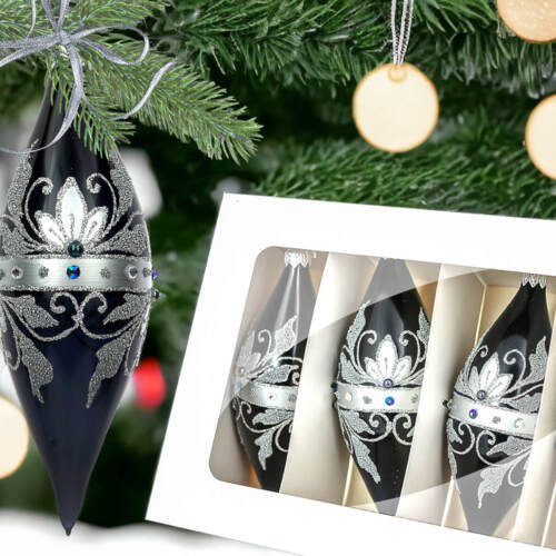 Sople Królewskie srebrne na czarnej porcelanie -  180 mm bombki choinkowe szklane 4 szt