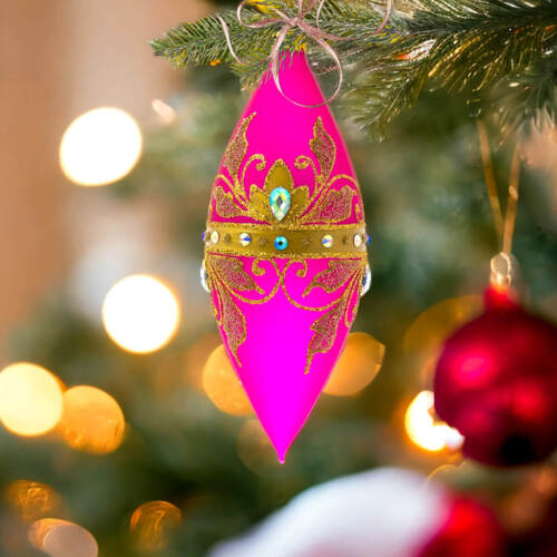 Sople Królewskie złote na różowej porcelanie -  180 mm bombki choinkowe szklane 4 szt