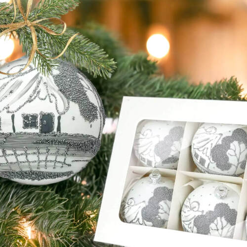 Bombki srebrne chatki na białej kredzie -  100 mm bombki choinkowe szklane 6 szt