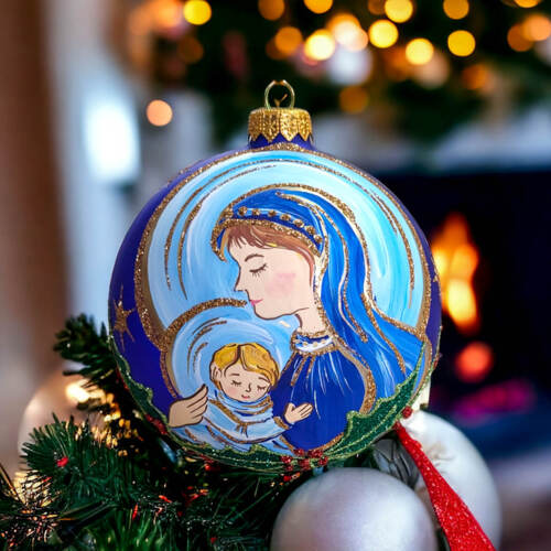 Bombka Maryja z Jezusem -  120 mm bombka choinkowa szklana 1 szt