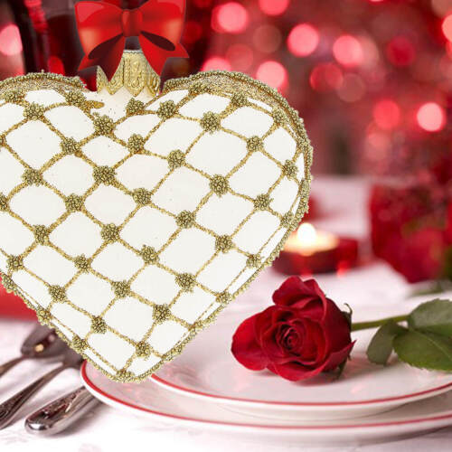 Bombka serce biało złote -  8 x 7 cm ozdoba szklana 1 szt