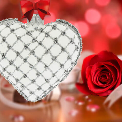 Bombka serce biało srebrne -  8 x 7 cm ozdoba szklana 1 szt