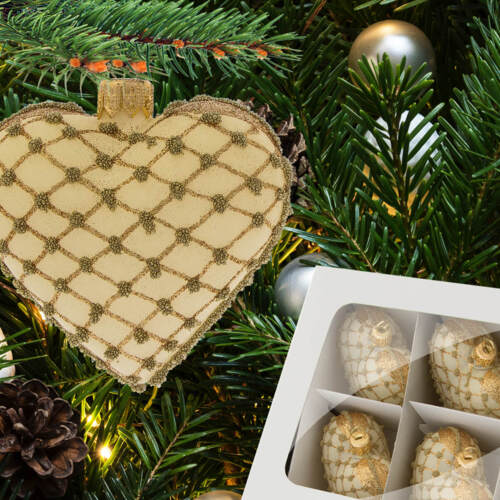 Bombki serca ecru złote -  8 x 7 cm bombki choinkowe szklane 6 szt