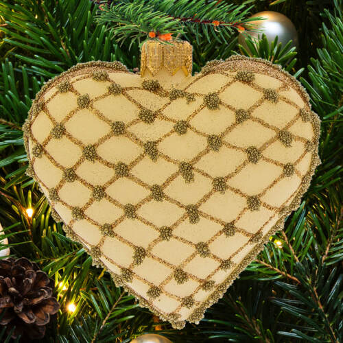 Bombka serce ecru złote -  8 x 7 cm bombki choinkowe szklane 1 szt