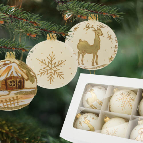 Bombki renifer chatka śnieżynka -  80 mm  bombki choinkowe szklane 6 szt