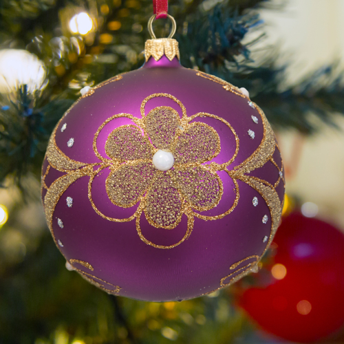 Bombki złoty kwiatek na fiolecie -  100 mm bombki choinkowe szklane 4 szt