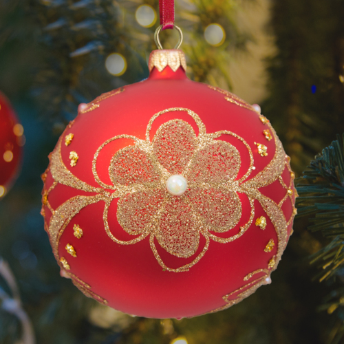 złoty kwiatek na czerwonym -  100 mm bombka choinkowa szklana 1 szt