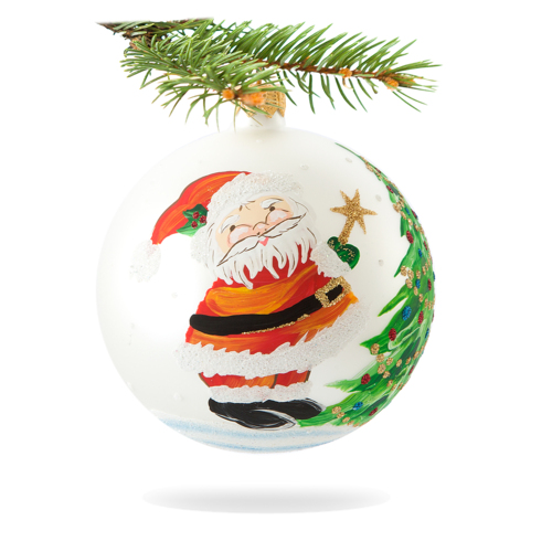Mikołaj z gwiazdką na białym -  100 mm bombka choinkowa szklana 1 szt