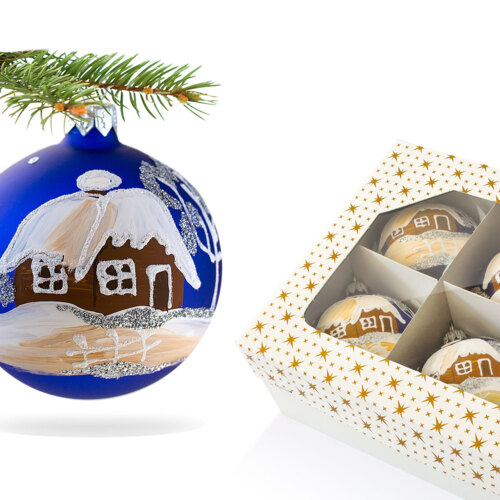 Bombki chatki na niebieskim -  80 mm  bombki choinkowe szklane 6 szt