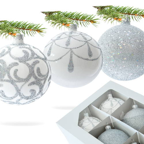 Bombki srebrne esy kula biały mix -  100 mm bombki choinkowe szklane 6 szt