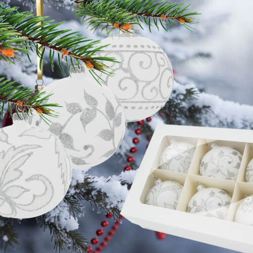 Bombki srebrny mix kreda  - listki esy mrożone listki -  100 mm bombki choinkowe szklane 6 szt