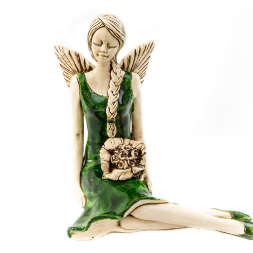 Aniołek Matilda z kwiatkiem - zielony -  15 cm figurka dekoracyjna gipsowa