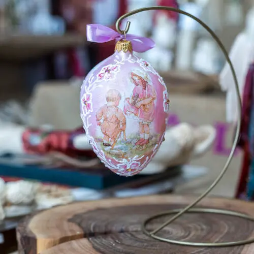 Jajko pisanka faberge - dziewczynka chłopiec -  ozdoba wielkanocna szklana