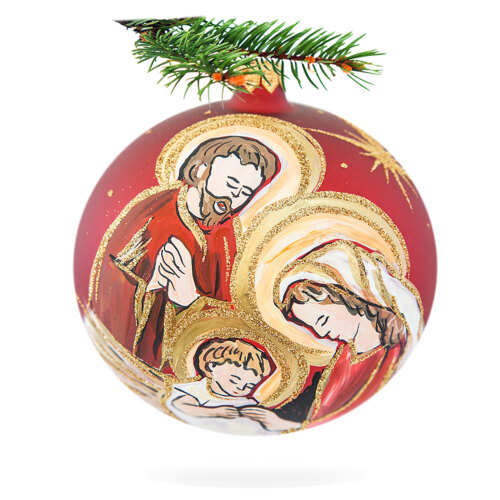 Święta Rodzina na czerwonym -  120 mm bombka choinkowa szklana 1 szt