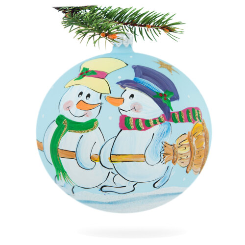 Bałwanki z miotłą na niebieskim -  100 mm bombka choinkowa szklana 1 szt