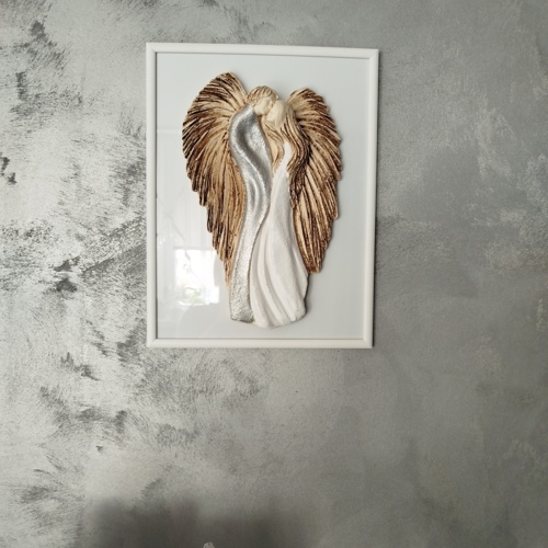 Zakochane Anioły + ramka - wiszące srebrne -  35 x 21 cm figurka dekoracyjna gipsowa