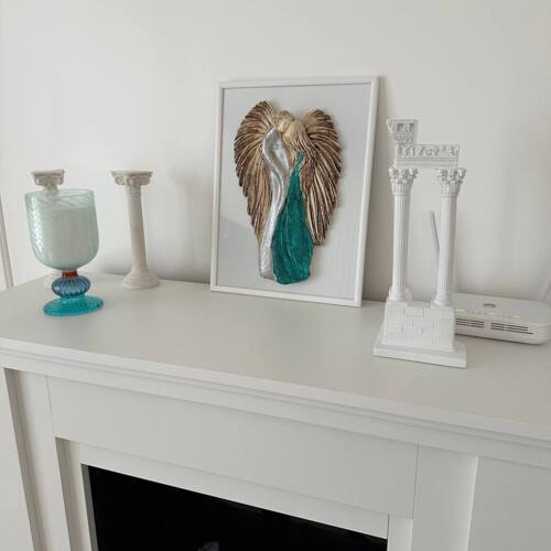 Zakochane Anioły + ramka - wiszące srebrno turkusowe -  35 x 21 cm figurka dekoracyjna gipsowa