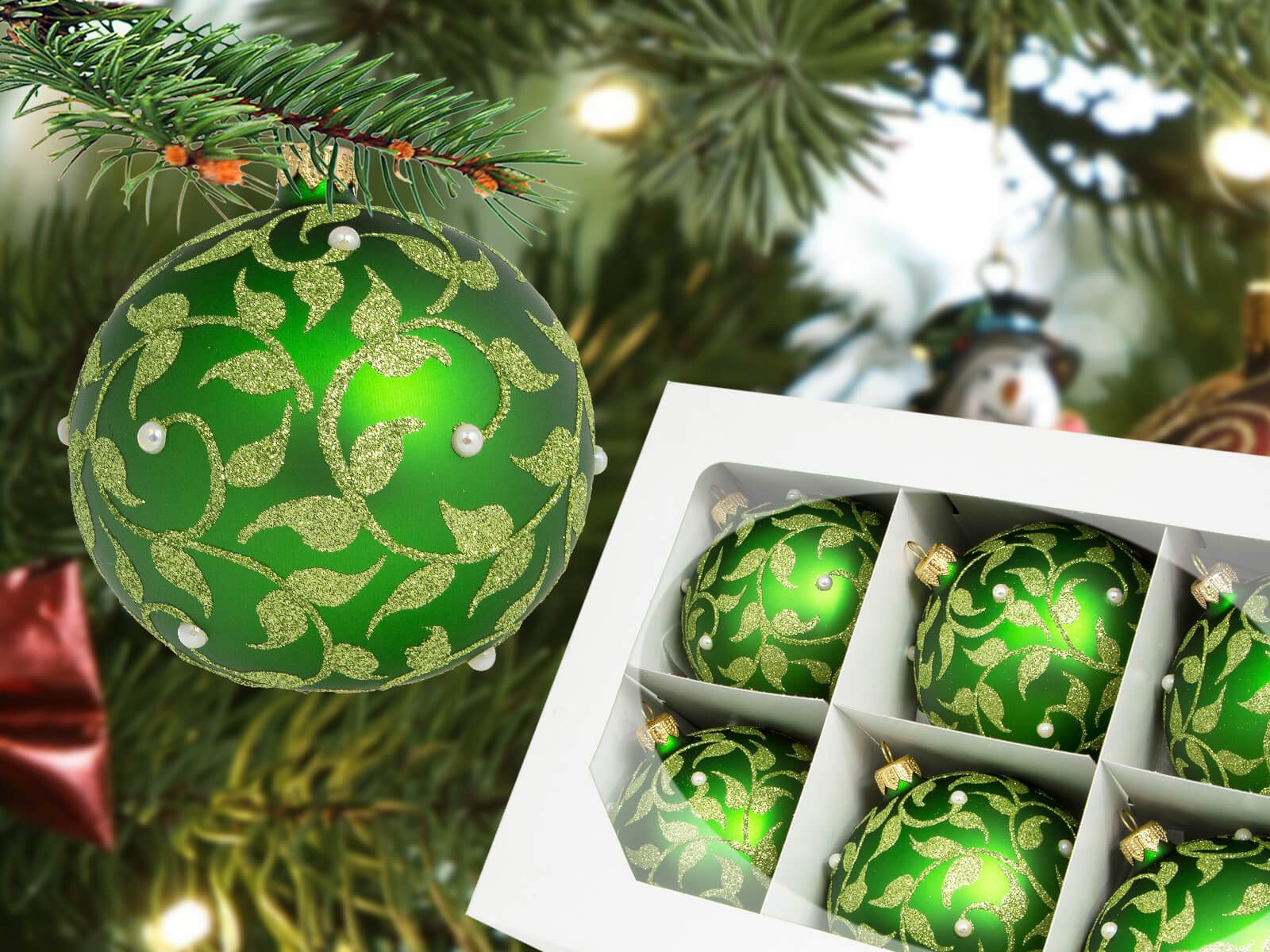 bombki złote listki i perełki na zielonym - 100 mm 6 szt. bombki złote listki i perełki na zielonym - 100 mm 6 szt.